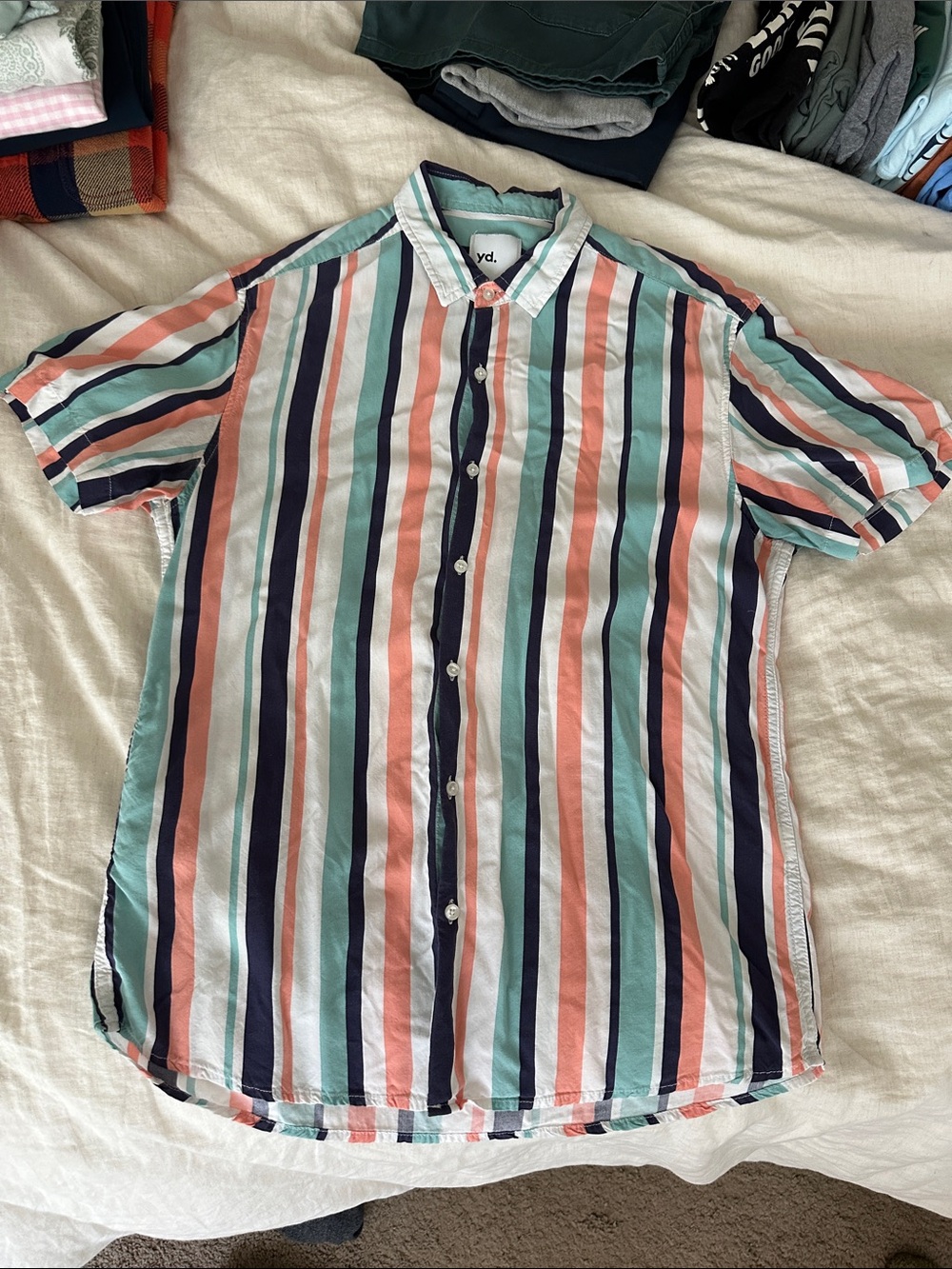 Short Sleeve Vertical Stripe Button-Down Shirt — Coral, Mint & Navy